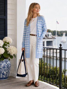 Light Blue Striped Open Front Cardigan Sweater Nautical Coastal Chic